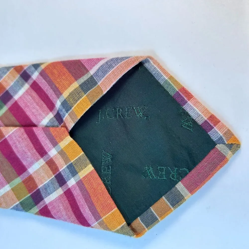 J. Crew Men's Pink Orange Multicolor Preppy Madras Plaid 100% Cotton Tie